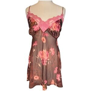 Y2K Linea Donatella Floral Lace Slip Dress L Pink Brown Sheer Babydoll coquette
